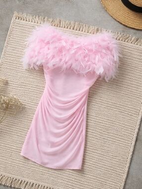 Halfheart Feather-Trim Strapless Pink Chemise